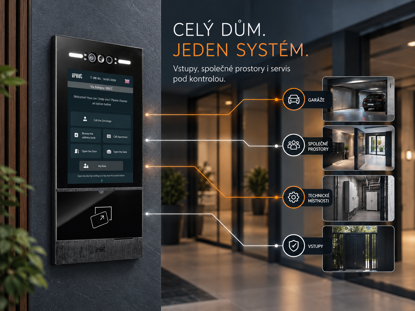 Jeden systém může sjednotit zvonky, vstupní dveře, společné prostory, servisní přístupy i správu oprávnění. Díky tomu odpadá správa několika nesouvisejících technologií a celý dům funguje jako jeden celek. Jeden systém může sjednotit zvonky, vstupní dveře, společné prostory, servisní přístupy i správu oprávnění. Díky tomu odpadá správa několika nesouvisejících technologií a celý dům funguje jako jeden celek.